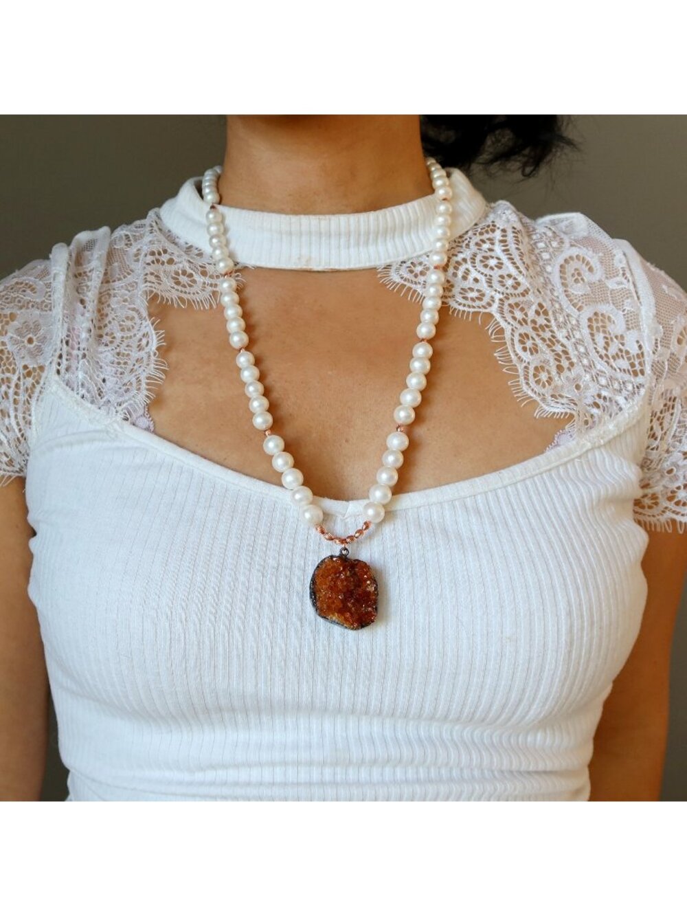 Citrine Pendant Necklace Lustrous White Pearls Raw  Orange Gemstone Geode Luxe